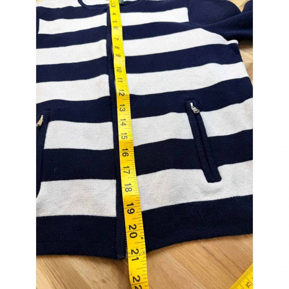 Ralph Lauren Navy White Stripe Zip Up Cardigan Sweater Womens PM Nautical Preppy